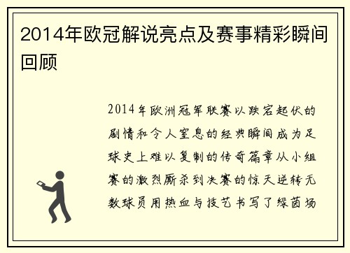 2014年欧冠解说亮点及赛事精彩瞬间回顾