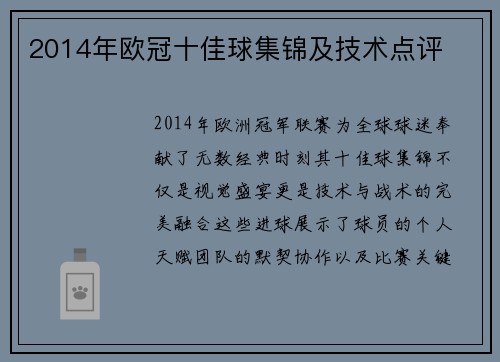 2014年欧冠十佳球集锦及技术点评